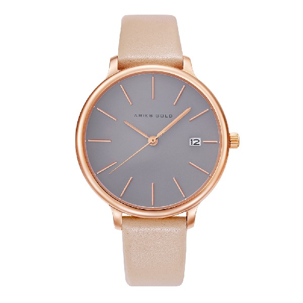 ARIES GOLD ENCHANT FLEUR ROSE GOLD STAINLESS STEEL L 5035 RG-GY LEATHER STRAP WOMEN'S WATCH